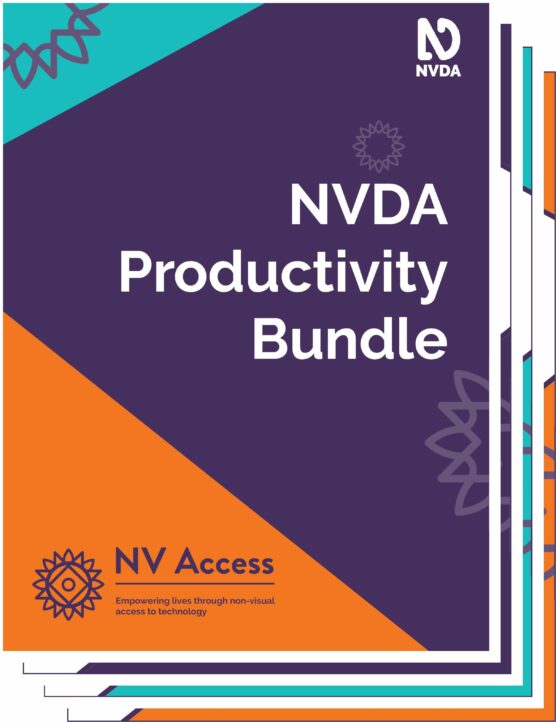 Cover image for product, which is purple with turquoise triangle top-left and orange triangle bottom-left, between them covering about a quarter of the cover. Title 'NVDA Productivity Bundle' in white on purple. NVDA logo top-right in white, NV Access logo lower-left in purple on orange. Sunburst designs around cover in lighter purple. Cover appears to be stacked on top of other product covers. Full description of NVDA and NV Access logos available on 'About NVDA' and 'About NV Access' pages on nvaccess.com