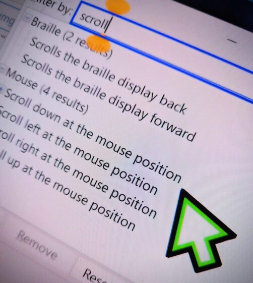 Photo of the Input Gestures dialog with "Scroll" in the filter box