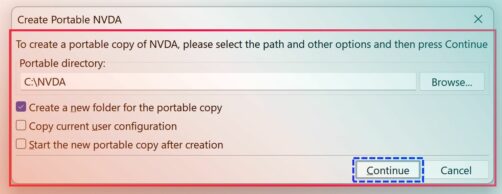 "Create portable NVDA" screen with the folder C:\NVDA set and overlaid with turquoise and orange colours
