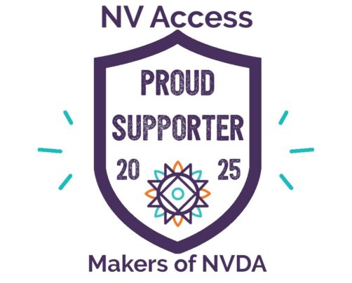 A purple shield with small turquoise decorations either side. The image contains the text “NV Access” above, “PROUD SPUPORTER” inside and “Makers of NVDA” below the shield, all in purple. The year is inside the shield, in purple and split by the sunburst design from the NV Access logo.