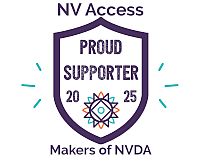 Proud supporter of NV Access badge: A purple shield with small turquoise decorations either side. The image contains the text “NV Access” above, “PROUD SUPPORTER” inside and “Makers of NVDA” below the shield, all in purple. The year, 2025, is inside the shield, in purple and split by the sunburst design from the NV Access logo.